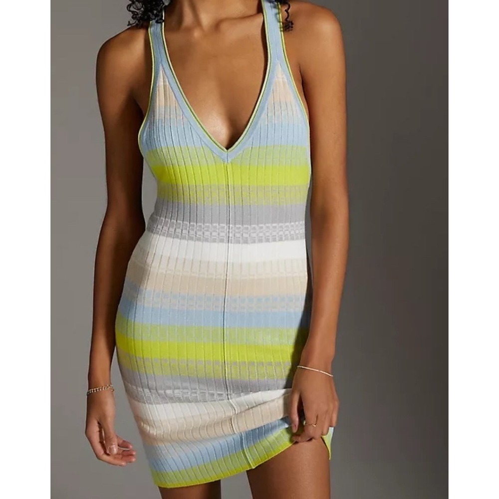Anthropologie Daily Practice Striped Knit Mini Dress Sky V-Neck Racerback S Boho